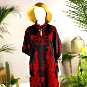 Mexican Poncho - Peacock Design - Red